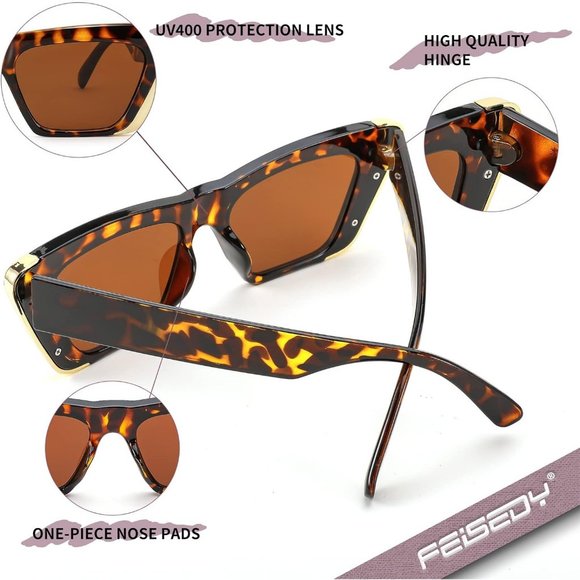 Women Brown Cat Eye Fashion Metal Square Frame Classic UV Protection Sunglasses - Picture 5 of 6